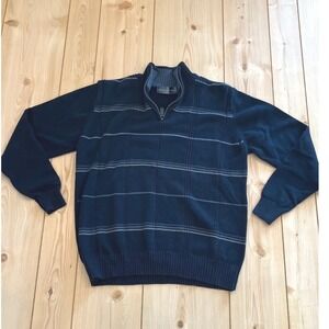 Oscar de la Renta Mens Quarter Zip Sweater Navy Blue Striped Cotton Size M